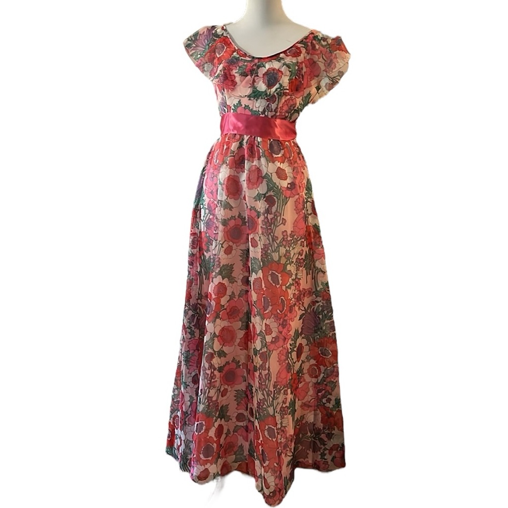 VINTAGE HOMEMADE FLORAL ORGANDY SLEEVELESS FLOOR LENGTH DRESS PINK MULTI SIZE S